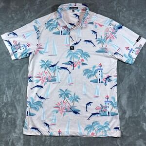 Bad Birdie Polo Shirt Mens Medium Pink Tropical Dolphin Performance Golf Stretch
